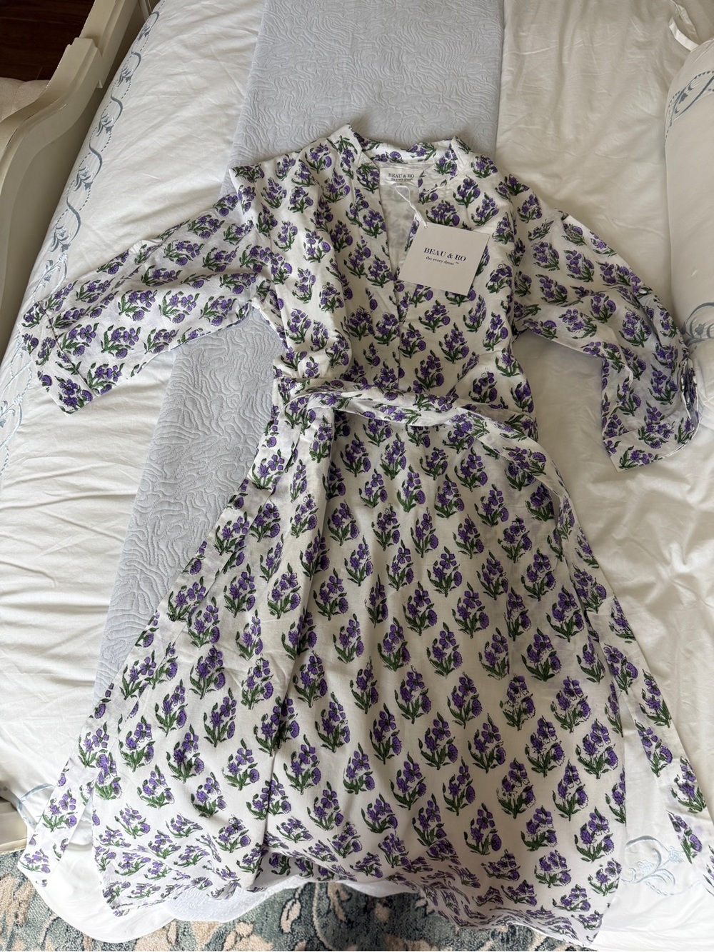 Beau & Ro Women's White Wrap Dress with Purple Floral Print